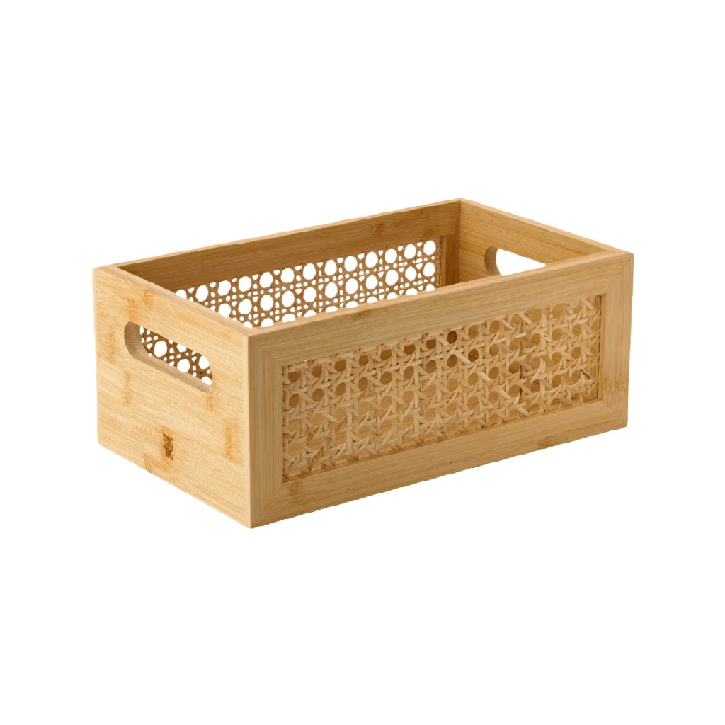 Caja organizadora de bambú con laterales trenzados y asas integradas